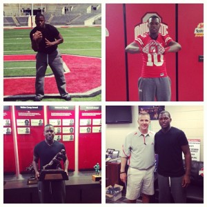 Left to Right: Patrick on the field at Ohio Stadium, home of the Buckeyes; wearing Ohio State gear; holding a Heisman trophy; and with head coach Urban Meyer. (Photos submitted by: Jacques Patrick)