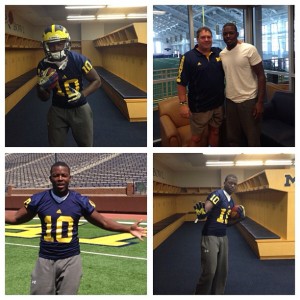 Left to Right: Patrick with Wolverine gear on; with head coach Brady Hoke; down on the field in Ann Arbor; and back in the locker room with more gear on. (Photos submitted by: Jacques Patrick)