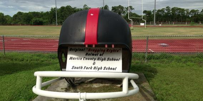 The Original "Bragging Rights" helmet of the Martin Bowl between South Fork & Martin County. Photo by Dennis Jacob, TC Palm. Follow on Twitter at  @DennisJacob80