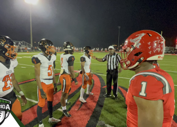 Cocoa and Bradford (Starke) meet for the coin toss at David Hurse Stadium in Starke, Fla. on Fri. Dec. 2, 2022 prior to their Class 2S State Semifinal. Cocoa went on to win 31-21 over Bradford [Joshua Wilson/FloridaHSFootball.com]