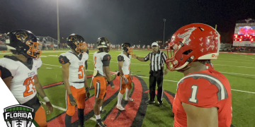 Cocoa and Bradford (Starke) meet for the coin toss at David Hurse Stadium in Starke, Fla. on Fri. Dec. 2, 2022 prior to their Class 2S State Semifinal. Cocoa went on to win 31-21 over Bradford [Joshua Wilson/FloridaHSFootball.com]