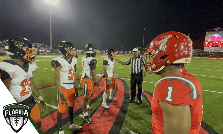 Cocoa and Bradford (Starke) meet for the coin toss at David Hurse Stadium in Starke, Fla. on Fri. Dec. 2, 2022 prior to their Class 2S State Semifinal. Cocoa went on to win 31-21 over Bradford [Joshua Wilson/FloridaHSFootball.com]