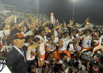 Cocoa celebrates the school's first football state championship since 2016 in a 38-31 OT victory against Florida High (Tallahassee) on Friday, December 9, 2022 at Gene Cox Stadium in Tallahassee, Fla. It marks the fifth football state championship won by Cocoa in school history. [Joshua Wilson/FloridaHSFootball.com]