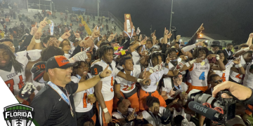 Cocoa celebrates the school's first football state championship since 2016 in a 38-31 OT victory against Florida High (Tallahassee) on Friday, December 9, 2022 at Gene Cox Stadium in Tallahassee, Fla. It marks the fifth football state championship won by Cocoa in school history. [Joshua Wilson/FloridaHSFootball.com]