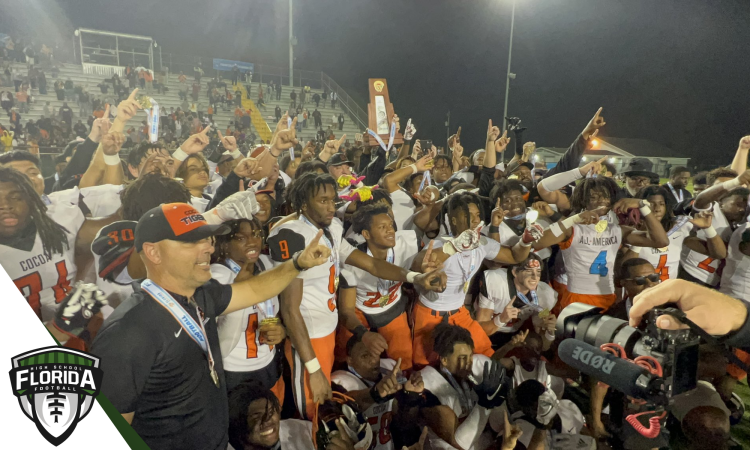 Cocoa celebrates the school's first football state championship since 2016 in a 38-31 OT victory against Florida High (Tallahassee) on Friday, December 9, 2022 at Gene Cox Stadium in Tallahassee, Fla. It marks the fifth football state championship won by Cocoa in school history. [Joshua Wilson/FloridaHSFootball.com]