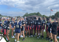 Alonso and Robinson celebrate on the field after winning the FHSAA Class 2A and Class 1A girls flag football state championships at Mandarin High School in Jacksonville, Fla. on Sat. May 13, 2023. [Photo by Robert Rahn, FloridaHSFootball.com]