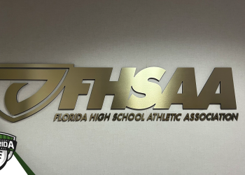 Florida High School Athletic Association logo on display at the FHSAA offices in Gainesville, Fla. [Photo by Joshua Wilson/FloridaHSFootball.com]