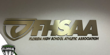 Florida High School Athletic Association logo on display at the FHSAA offices in Gainesville, Fla. [Photo by Joshua Wilson/FloridaHSFootball.com]