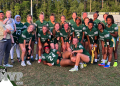 The Fleming Island Golden Eagles girls flag football team posses after coming from behind to defeat Spruce Creek in the Class 2A-Region 1 final on Mon., May 8, 2023 at Randy Warren Stadium in Fleming Island, Fla. [Joshua Wilson, FloridaHSFootball.com]