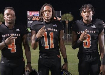 Lake Wales athletes Johnquae Richardson, Messiah Marlow, and Gary Love pose after beating Sebring 7-0 in Week 3 action. [@H2_Recruiting/X]