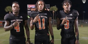 Lake Wales athletes Johnquae Richardson, Messiah Marlow, and Gary Love pose after beating Sebring 7-0 in Week 3 action. [@H2_Recruiting/X]
