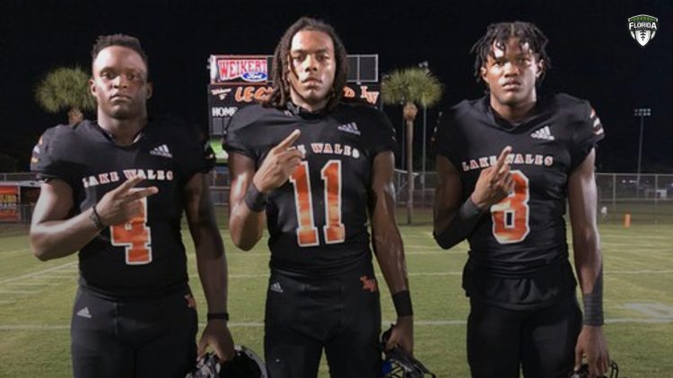 Lake Wales athletes Johnquae Richardson, Messiah Marlow, and Gary Love pose after beating Sebring 7-0 in Week 3 action. [@H2_Recruiting/X]