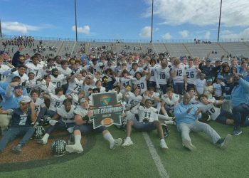 Berkeley Prep celebrates winning the Class 2M State Championship on Sat. Dec. 9, 2023 at Ken Riley Field at Bragg Memorial Stadium in Tallahassee, Fla. [Joshua Wilson/FloridaHSFootball.com]