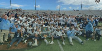 Berkeley Prep celebrates winning the Class 2M State Championship on Sat. Dec. 9, 2023 at Ken Riley Field at Bragg Memorial Stadium in Tallahassee, Fla. [Joshua Wilson/FloridaHSFootball.com]