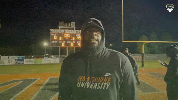 Hawthorne head coach Cornelius Ingram talks to FloridaHSFootball.com after his Hornets defeated Blountstown 49-0 on Thu. Nov. 30, 2023 in the Class 1R state semifinals. [Joshua Wilson/FloridaHSFootball.com]