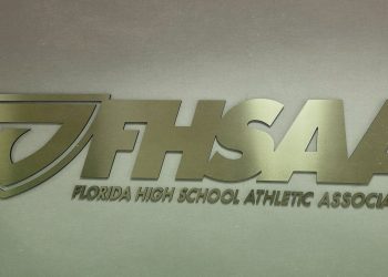 FHSAA Logo at the Robert W. Hughes FHSAA Building in Gainesville, Fla. [Joshua Wilson/FloridaHSFootball.com]