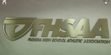 FHSAA Logo at the Robert W. Hughes FHSAA Building in Gainesville, Fla. [Joshua Wilson/FloridaHSFootball.com]