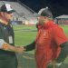 Cocoa Head Coach Ryan Schneider and Bradford (Starke) Head Coach Jamie Rodgers shake hands prior to the Class 2S State Championship game on Fri. Dec. 8, 2023 at Ken Riley Field at Bragg Memorial Stadium in Tallahassee, Fla. [Joshua Wilson/FloridaHSFootball.com]