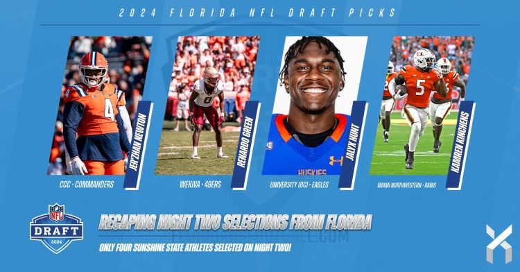 Four athletes from the Sunshine State were selected in the second and third rounds of the 2024 NFL Draft on Friday, April 26, 2024. [Photo Credits: University of Illinois Athletics; Florida State University Athletics; Houston Christian University Athletics; University of Miami (FL) Athletics]