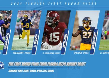 Five former athletes who played high school football in the Sunshine State come of the board in the first round of the 2024 NFL Draft on Thu. April 25, 2024. [Photo credits: University of Washington Athletics; University of Michigan Athletics; University of Alabama Athletics; University of Toledo Athletics]