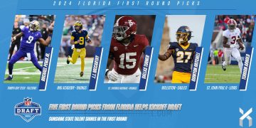 Five former athletes who played high school football in the Sunshine State come of the board in the first round of the 2024 NFL Draft on Thu. April 25, 2024. [Photo credits: University of Washington Athletics; University of Michigan Athletics; University of Alabama Athletics; University of Toledo Athletics]