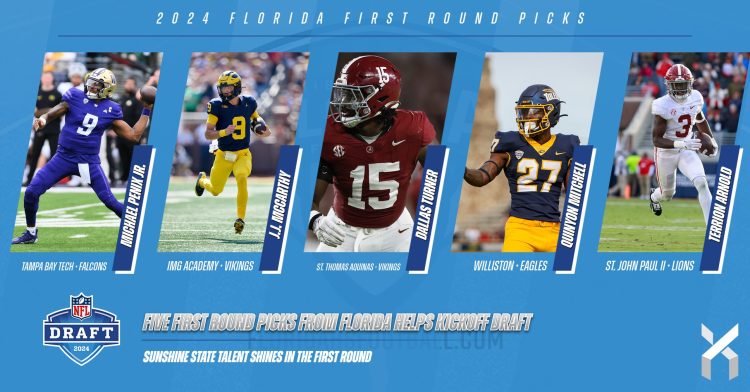 Five former athletes who played high school football in the Sunshine State come of the board in the first round of the 2024 NFL Draft on Thu. April 25, 2024. [Photo credits: University of Washington Athletics; University of Michigan Athletics; University of Alabama Athletics; University of Toledo Athletics]