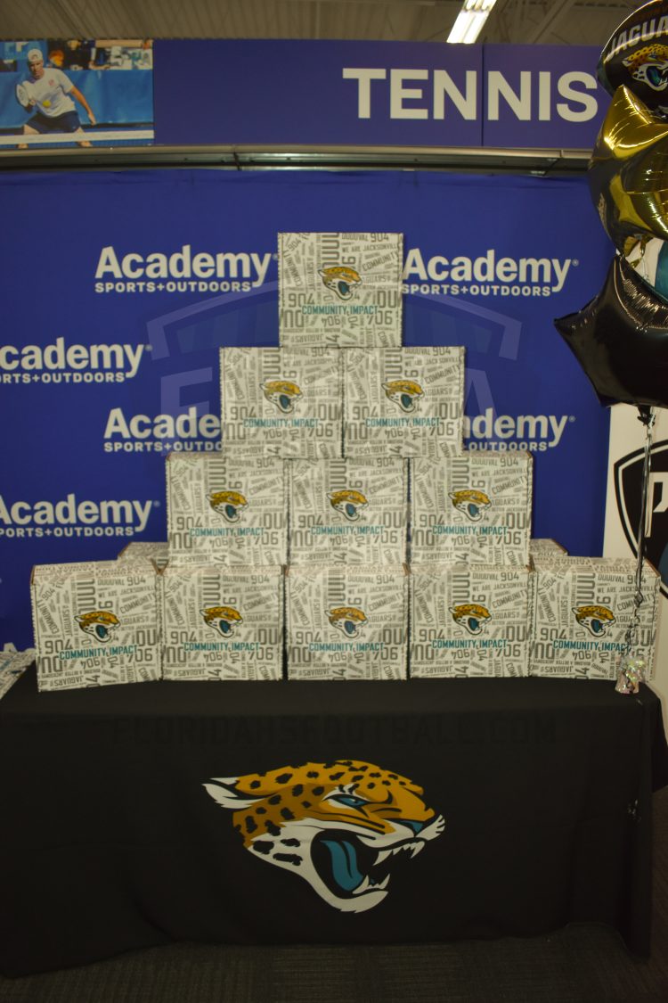 Swag boxes on display that were given to all the athletes and the Coach of the Year at the 2024 Jaguars All-PREP Flag Football recognition event held at Academy Sports + Outdoors on Southside Blvd. on Wed. May 8, 2024, in Jacksonville, Fla. [Joshua Wilson/FloridaHSFootball.com]