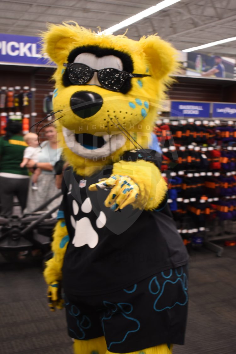 Jaxson De Ville arrives at the 2024 Jaguars All-PREP Flag Football recognition event held at Academy Sports + Outdoors on Southside Blvd. on Wed. May 8, 2024, in Jacksonville, Fla. [Joshua Wilson/FloridaHSFootball.com]