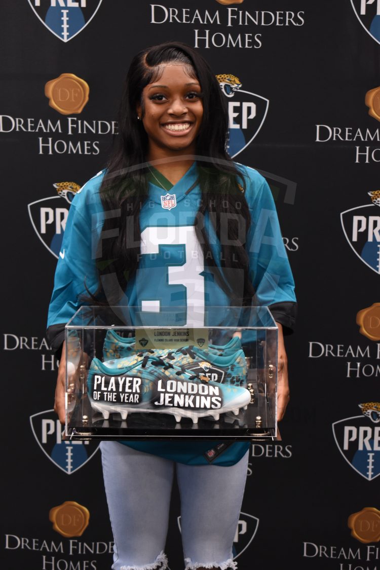 London Jenkins, Fleming Island, poses after receiving the 2024 Player of the Year Award at the 2024 Jaguars All-PREP Flag Football recognition event held at Academy Sports + Outdoors on Southside Blvd. on Wed. May 8, 2024, in Jacksonville, Fla. [Joshua Wilson/FloridaHSFootball.com]