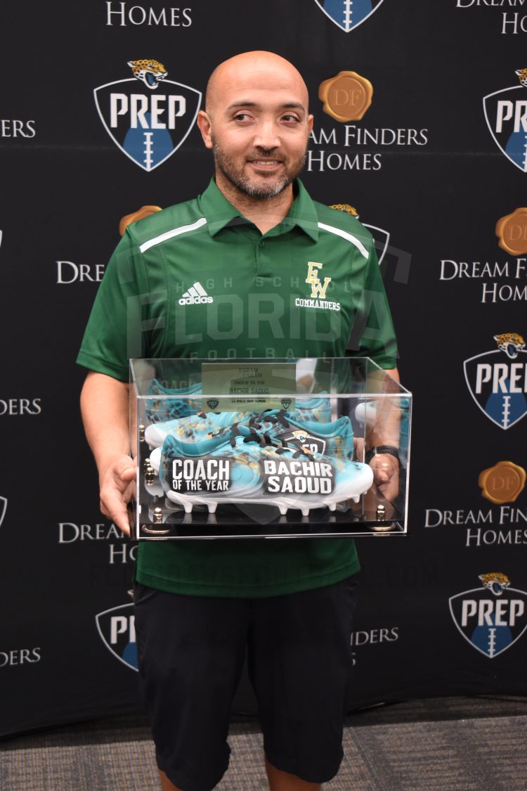 Ed White (Jacksonville) Flag Football Head Coach Bachir Saoud poses after being named the 2024 Coach of the Year at the 2024 Jaguars All-PREP Flag Football recognition event held at Academy Sports + Outdoors on Southside Blvd. on Wed. May 8, 2024, in Jacksonville, Fla. [Joshua Wilson/FloridaHSFootball.com]