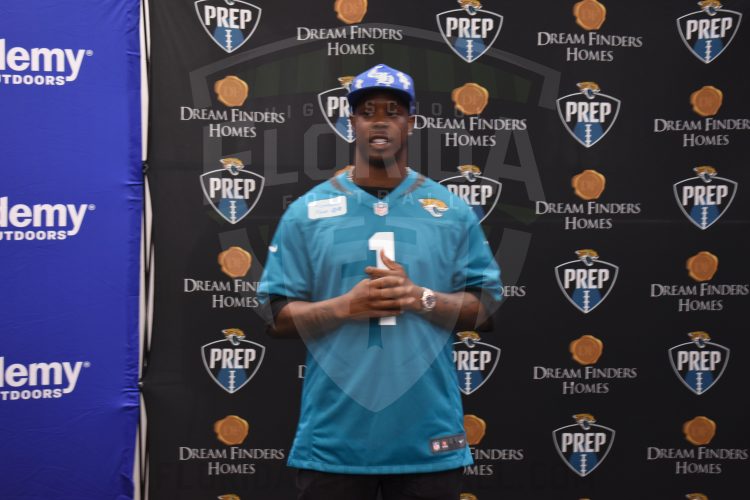 Jacksonville Jaguars RB Travis Etienne Jr. made an apperance at the 2024 Jaguars All-PREP Flag Football recognition event held at Academy Sports + Outdoors on Southside Blvd. on Wed. May 8, 2024, in Jacksonville, Fla. [Joshua Wilson/FloridaHSFootball.com]