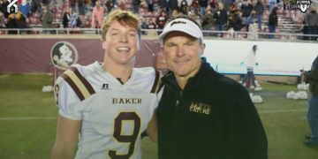 Matt Brunson (right) with his son Joe after the 2020 FHSAA Class 1A State Championship game at Doak Campbell Stadium in Tallahassee, Fla. [Joshua Wilson/FloridaHSFootball.com]