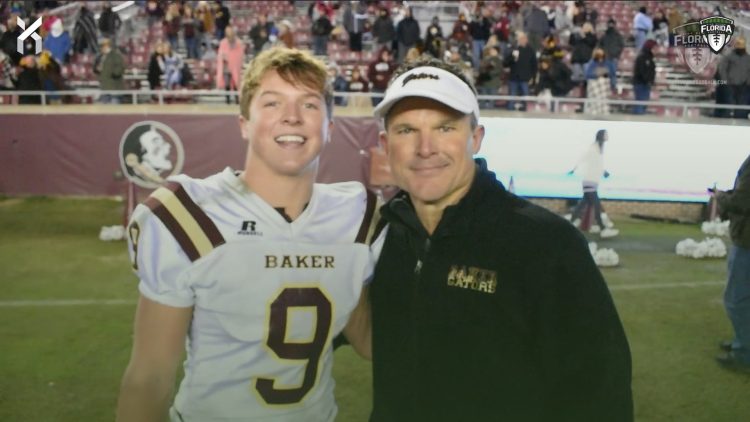 Matt Brunson (right) with his son Joe after the 2020 FHSAA Class 1A State Championship game at Doak Campbell Stadium in Tallahassee, Fla. [Joshua Wilson/FloridaHSFootball.com]