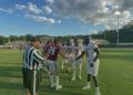 Middleburg and Oak Hall captains shake hands at midfield prior to their spring football game on Thu. May 23, 2024 in Gainesville, Fla. [Joshua Wilson/FloridaHSFootball.com]