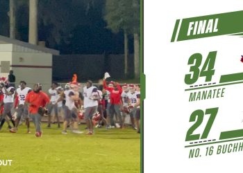 Manatee (Bradenton) takes the field to celebrate their victory over No. 16 Buchholz (Gainesville) on Fri. Sept. 13, 2024 at Santa Fe High in Alachua, Fla. [Joshua Wilson/FloridaHSFootball.com]