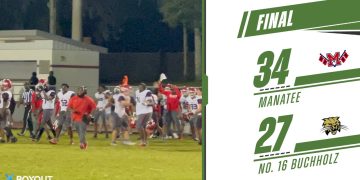 Manatee (Bradenton) takes the field to celebrate their victory over No. 16 Buchholz (Gainesville) on Fri. Sept. 13, 2024 at Santa Fe High in Alachua, Fla. [Joshua Wilson/FloridaHSFootball.com]