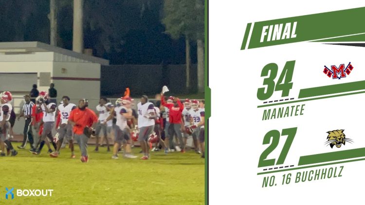 Manatee (Bradenton) takes the field to celebrate their victory over No. 16 Buchholz (Gainesville) on Fri. Sept. 13, 2024 at Santa Fe High in Alachua, Fla. [Joshua Wilson/FloridaHSFootball.com]