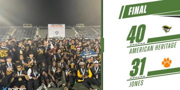 American Heritage (Plantation) celebrates their sixth state championship in program history and their first since 2020 on Fri. Dec. 13, 2024 at South Dade Kia Field at Pitbull Stadium in Miami, Fla. [Joshua Wilson/FloridaHSFootball.com]