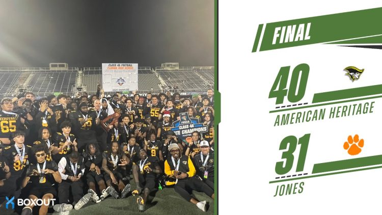 American Heritage (Plantation) celebrates their sixth state championship in program history and their first since 2020 on Fri. Dec. 13, 2024 at South Dade Kia Field at Pitbull Stadium in Miami, Fla. [Joshua Wilson/FloridaHSFootball.com]