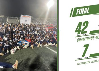 Chaminade-Madonna (Hollywood) celebrates winning their fourth consecutive state championship and their seventh overall in the last nine years on Wed. Dec. 11, 2024 at South Dade Kia Field at Pitbull Stadium in Miami, Fla. [Joshua Wilson/FloridaHSFootball.com]