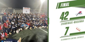 Chaminade-Madonna (Hollywood) celebrates winning their fourth consecutive state championship and their seventh overall in the last nine years on Wed. Dec. 11, 2024 at South Dade Kia Field at Pitbull Stadium in Miami, Fla. [Joshua Wilson/FloridaHSFootball.com]