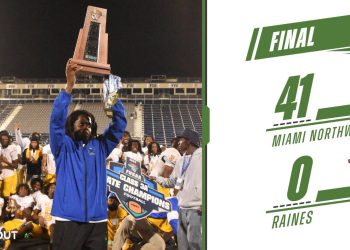 Miami Northwestern head coach Teddy Bridgewater hoists up the 2024 Class 3A State Championship trophy after the Bulls defeated Raines (Jacksonville), 41-0 on Sat. Dec. 14, 2024 at South Dade Kia Field at Pitbull Stadium in Miami, Fla. [Joshua Wilson/FloridaHSFootball.com]