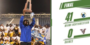 Miami Northwestern head coach Teddy Bridgewater hoists up the 2024 Class 3A State Championship trophy after the Bulls defeated Raines (Jacksonville), 41-0 on Sat. Dec. 14, 2024 at South Dade Kia Field at Pitbull Stadium in Miami, Fla. [Joshua Wilson/FloridaHSFootball.com]