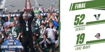 Venice head coach John Peacock hoists up the 2024 Class 7A State Championship trophy after the Indians defeated Lake Mary 52-19 on Sat. Dec. 14, 2024 at South Dade Kia Field at Pitbull Stadium in Miami, Fla. [Joshua Wilson/FloridaHSFootball.com]
