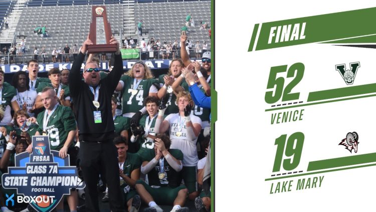 Venice head coach John Peacock hoists up the 2024 Class 7A State Championship trophy after the Indians defeated Lake Mary 52-19 on Sat. Dec. 14, 2024 at South Dade Kia Field at Pitbull Stadium in Miami, Fla. [Joshua Wilson/FloridaHSFootball.com]