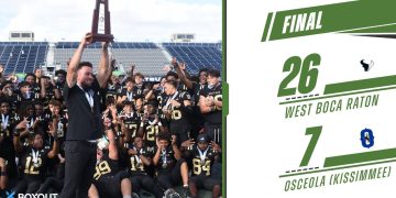 West Boca Raton Head Coach Dylan Potts hold up the Class 6A State Championship trophy after the Bulls defeated Osceola (Kissimmee) 26-7 on Fri. Dec 13, 2024 at South Dade Kia Field at Pitbull Stadium in Miami. [Joshua Wilson/FloridaHSFootball.com],