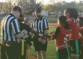 Columbia (Lake City) and Bradford (Starke) meet at midfield for the coin toss prior to their game on Tue. Feb. 25, 2025 at David Hurse Stadium in Starke, Fla. [Joshua Wilson/FloridaHSFootball.com]