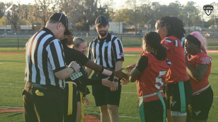 Columbia (Lake City) and Bradford (Starke) meet at midfield for the coin toss prior to their game on Tue. Feb. 25, 2025 at David Hurse Stadium in Starke, Fla. [Joshua Wilson/FloridaHSFootball.com]