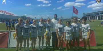 New Smyrna Beach ATH Emma Corr (No. 1 jersey) is among five athletes up for Central Florida Girls Flag Football Player of the Week for Week 1. [@Flagfootballnsb/X]
