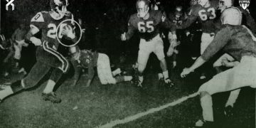 The FHSAA established the first playoff rules for football in 1963 which led to the meeting of Robinson (Tampa) and Coral Gables for the Class AA State Championship in this photo that was published in the now-defunct  Miami News on Sat. Dec. 14, 1963. [Associated Press Wirephoto, The Miami News via Newspapers.com]